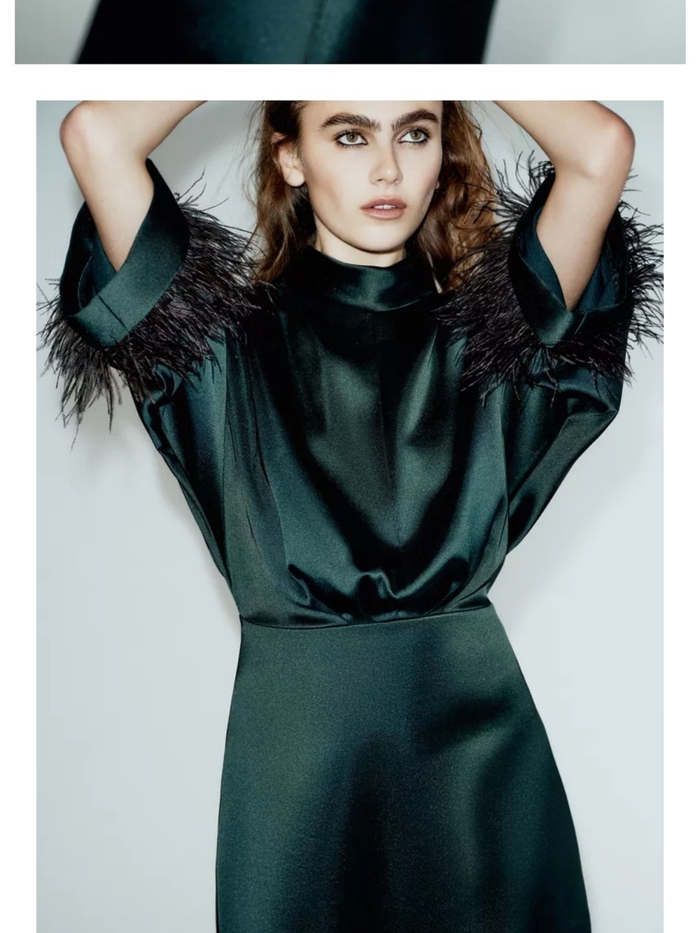 Zara Feather Satin Effect Short Dress in Deep Green - Picture 3 of 10